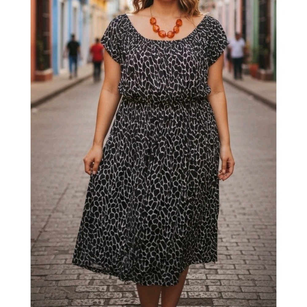 Milkmaid Dress plus Size 22 neutral Print Business Causal Stretchy Event Flowy